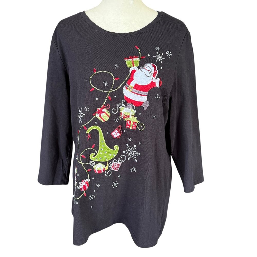 Christopher & Banks black 3/4 sleeve stretchy embellished Christmas winter top L